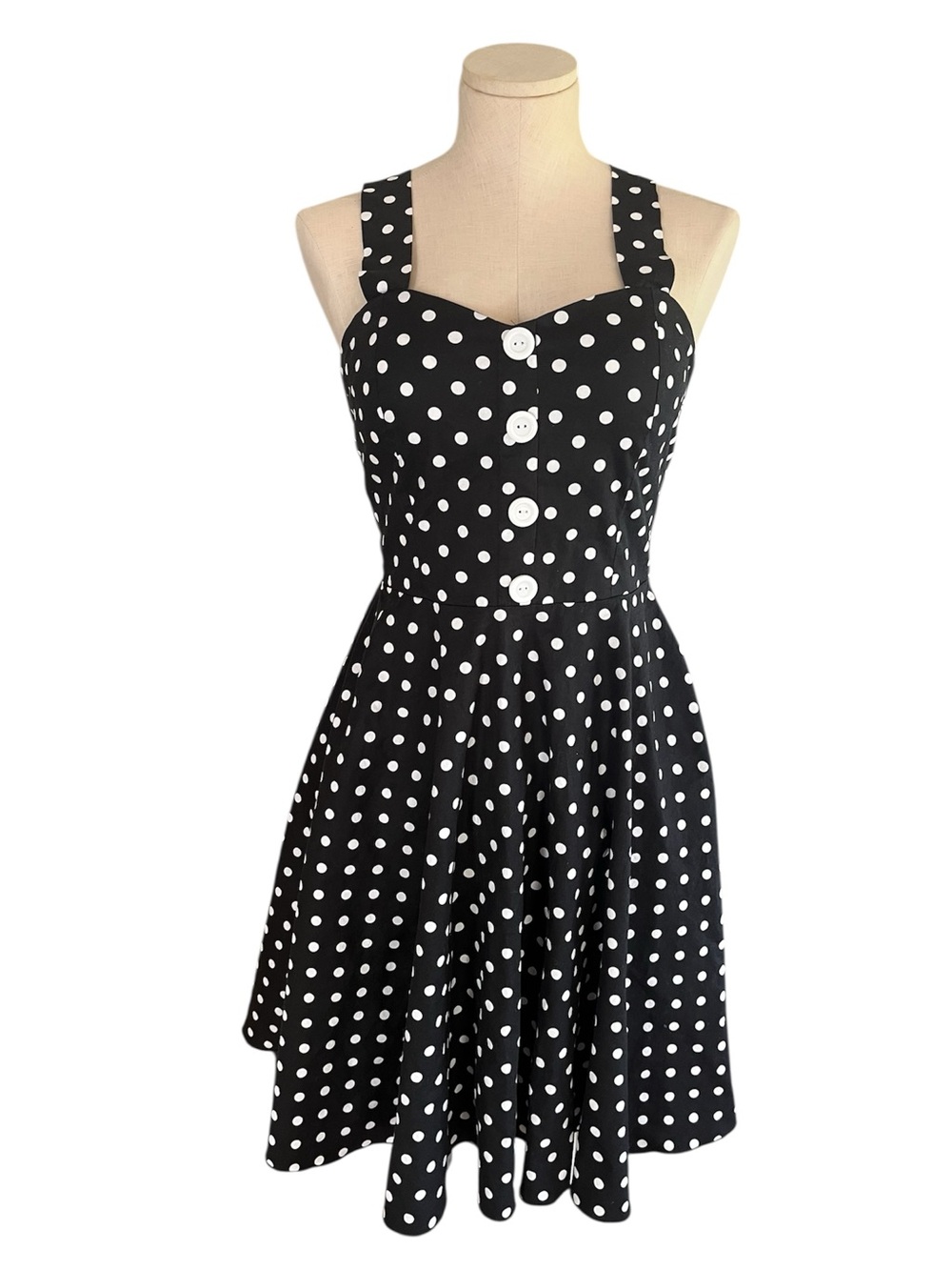Vintage Rockabilly Black & White Polka Dot Sundress with Button Front